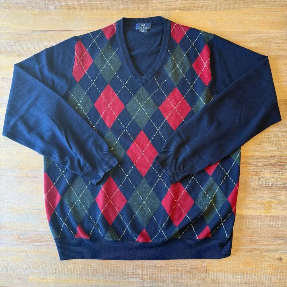 Brooks Brothers 346 Mens Large Merino Wool Argyle V-Neck Sweater Navy Blue L